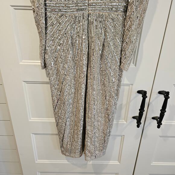 Mac Duggal 93676 V Neck Beaded Lace Midi Long Sleeve Dress Silver Taupe Size 8 - Picture 9 of 9